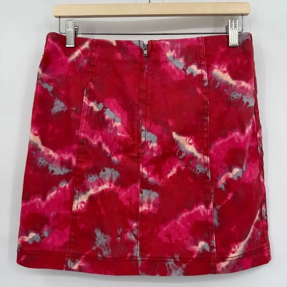 Free People Tie Dye Denim Mini Skirt Pink Red Boho Festival Y2K Size 10